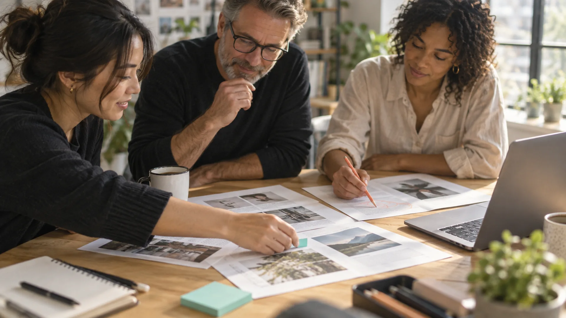 A small team around a table reviewing printed pages marked with teal flags