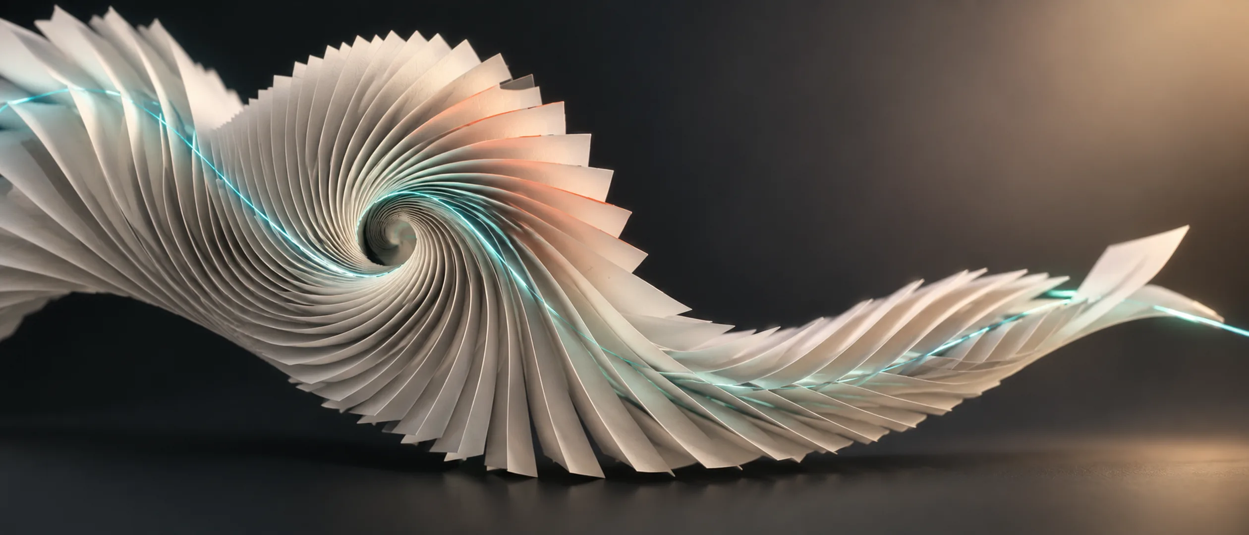 Sheets of paper fanned into a gentle spiral, threaded by a single glowing teal line